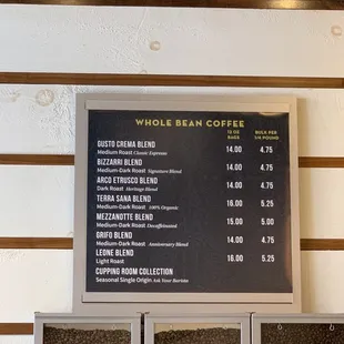 a menu for whole bean coffee