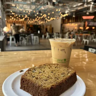 Wfh lunch/sesh - they&apos;re sadly out of sandwiches but got a ice caramel latte and a toasty squash bread