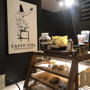 a display of pastries and coffee