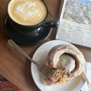 Cinnamon roll and caramel latte.