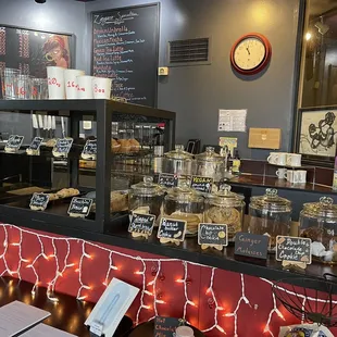 a display of coffee and pastries