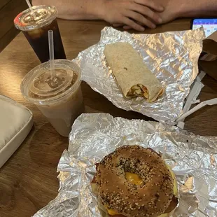 Breakfast sandwiches and iced coffee