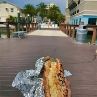 Sausage, Egg and cheese Breakfast sandwich on an everything Bagel