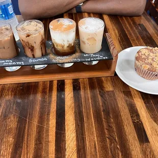 Coffee flight with blue berry muffin