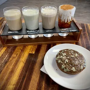 Coffee flight and Zucchini matcha bread.