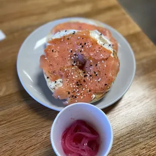 Bagel with cream cheese and lox with pickled red onions. No capers.