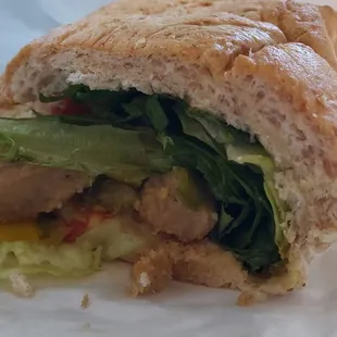 Three pepper chicken sandwich ($20 for 14&quot;), made vegan w/vegan chicken, no mayo. Tasty but expensive.