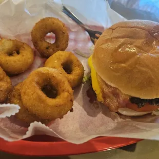 Bacon cheeseburger with house made hushpuppies!
