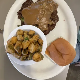 Hamburger steak with okra