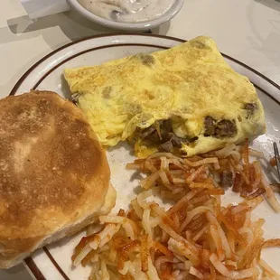 Sausage Omelette with Turkey Sausage Hash Browns with Biscuit (1) and Gravy