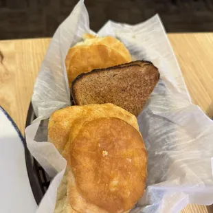 Biscuits and wheat toast (everything came buttered)