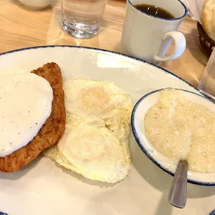 Country Style Chicken. Eggs over light. Grits.