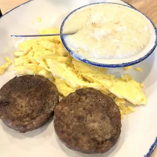 Sausage patties. Scrambled eggs. Grits.