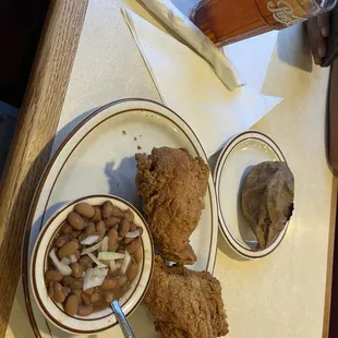 Fried Chicken white meat, Pintos w/light onions baked sweet potato