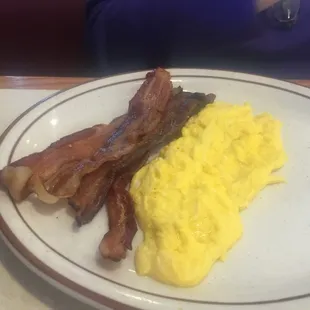 2 perfectly soft scrambled eggs, and a lot of crispy bacon.