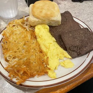 Livermush with scrambled eggs and a biscuit
