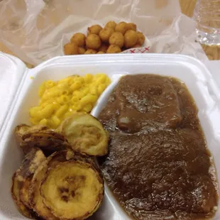 Friday special-country fried steak with Mac and cheese, fried squash, and hush puppies