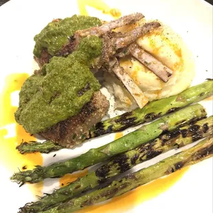 Lamb chops, mashed potatoes and asparagus came out hot and full of flavor.