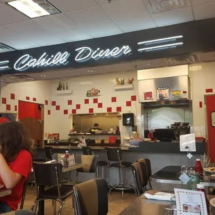 Cute 50s diner. They have lots of customers here because the food is homemade and fresh and yummy!