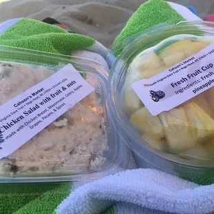 Homemade chicken salad w/grapes and nuts and fresh pineapple. Both good and perfect snacks for the beach.