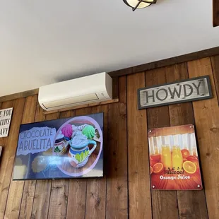 wood paneled walls and signs