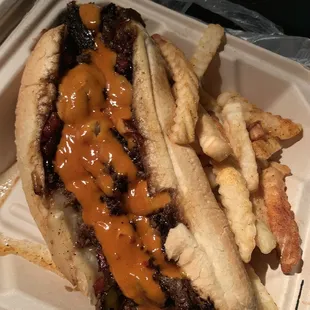 a hot dog and french fries