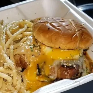 a cheeseburger and french fries