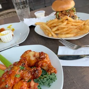 BBQ chicken wings and chorizo burger