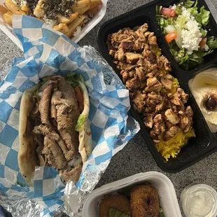 Our entire order-- side of Greek fries, falafel, gyro pita and chicken shawarma plate!