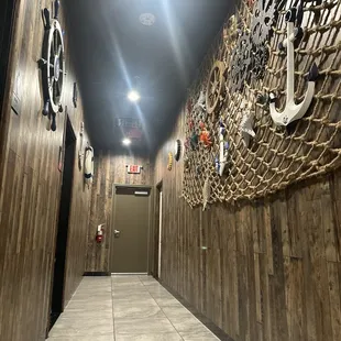 a hallway with a roped wall