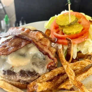 Bacon cheeseburger with mushrooms and Cajun seasoned hand cut fries