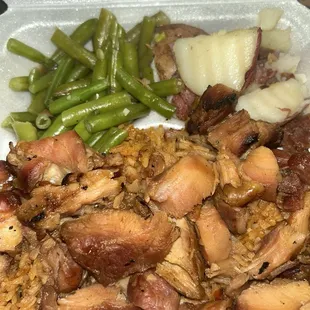 Bourbon chicken, Jambalaya rice, green beans, red potatoes