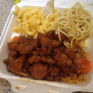 Mall food.  Glazed chicken, jambalaya rice and Mac cheese