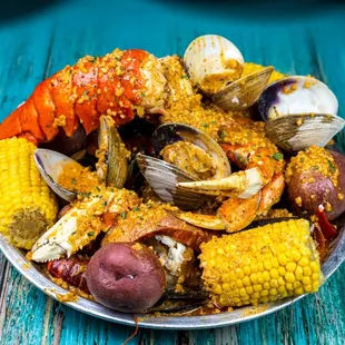 a plate of seafood