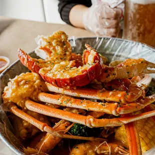 a large plate of crab legs