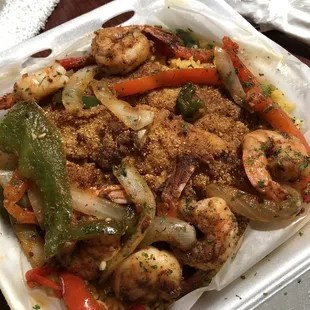 Fried catfish. Broiled shrimp peppers onions and yellow rice