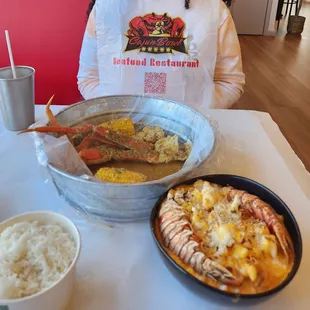 Snow crab, lobster and shrimp mac and cheese, and rice.