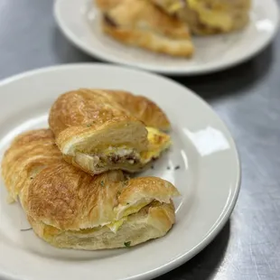 Fresh Breakfast Croissant with sausage, egg and cheese.