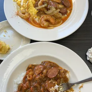 Shrimp and Grits and Crawfish Etouffee