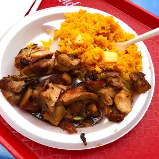 Bourbon Chicken with yellow rice. Chicken was good, rice not so much.
