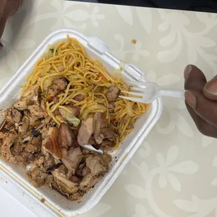 Bourbon chicken, blackened chicken and lo mein noodles