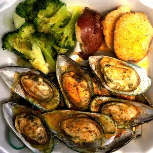 clams, broccoli, and potatoes