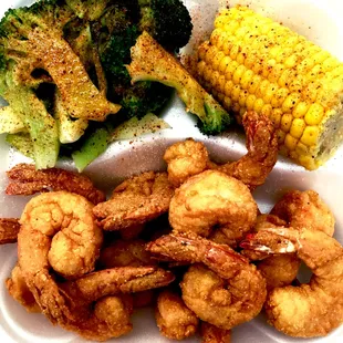 shrimp, broccoli, and corn