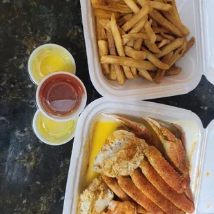 Crab legs with fries and shrimp