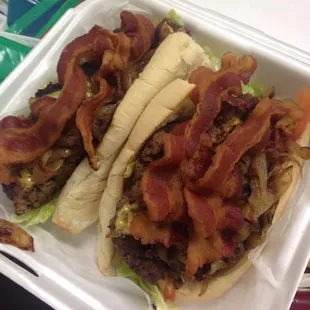 Over Stuffed Cheeseburger Poboy added Grilled Onions and Bacon and Fully Dressed!