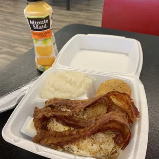 Grits, eggs, bacon &amp; hash browns
