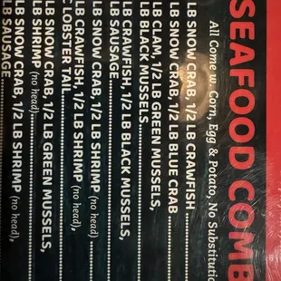 Some of the seafood combo options.