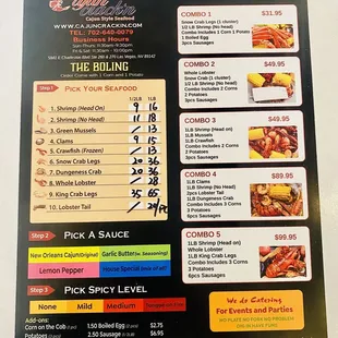 Menu of the combos and market price per pound
