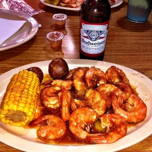 Boiled Shrimp Cajun/Garlic spicy,  corn and potatoes.