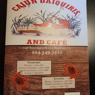 the menu for cajun daiquiri&apos;s and cafe